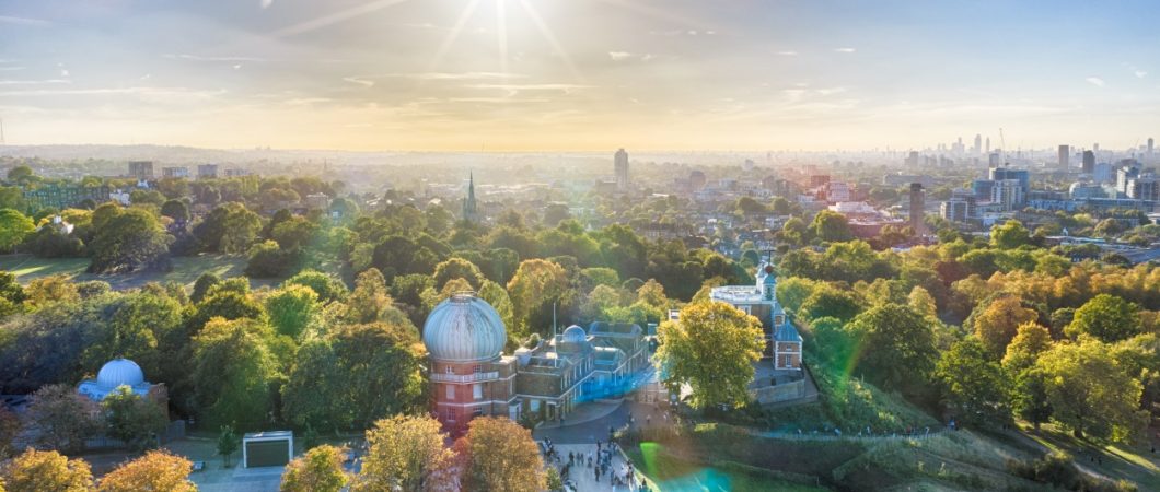 Aerial view at sunset of the Royal Observatory Greenwich