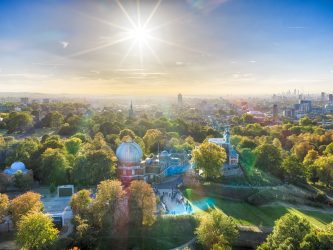 Aerial view at sunset of the Royal Observatory Greenwich