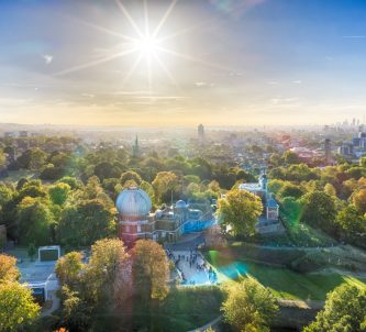Aerial view at sunset of the Royal Observatory Greenwich