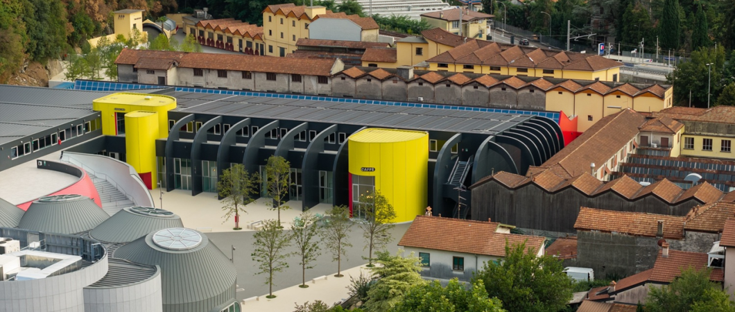 Aerial view of the Moto Guzzi factory & museum site at Mandello del Lario on Lake Como, Italy