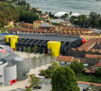 Aerial view of the Moto Guzzi factory & museum site at Mandello del Lario on Lake Como, Italy