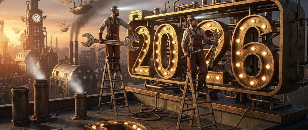 AI generated image in steampunk style of two workmen on a rooftop, replacing the numeral 5 on a billboard sign, with numeral 6.