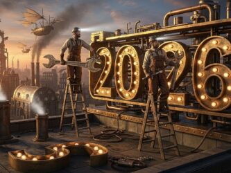 AI generated image in steampunk style of two workmen on a rooftop, replacing the numeral 5 on a billboard sign, with numeral 6.