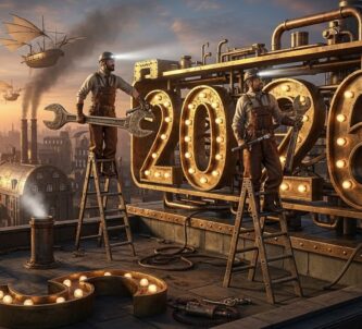 AI generated image in steampunk style of two workmen on a rooftop, replacing the numeral 5 on a billboard sign, with numeral 6.