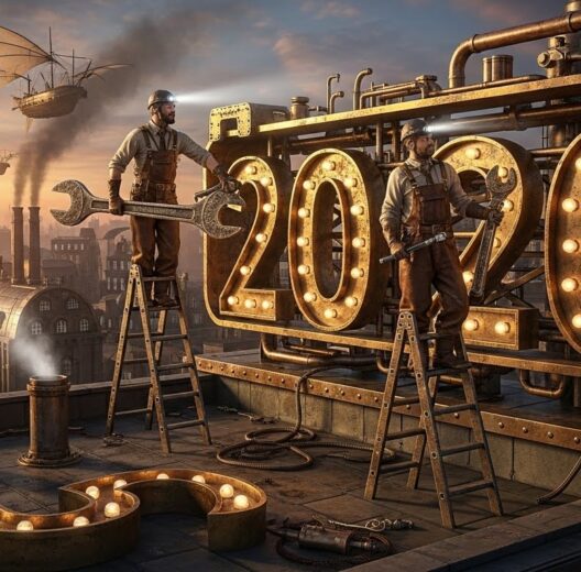 AI generated image in steampunk style of two workmen on a rooftop, replacing the numeral 5 on a billboard sign, with numeral 6.