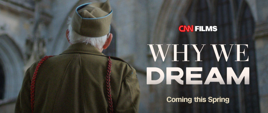 Movie poster featuring the back of a grey-haired veteran in army uniform walking towards a church