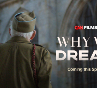 Movie poster featuring the back of a grey-haired veteran in army uniform walking towards a church