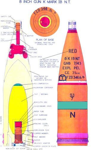 Coloured diagram of 8" shell with dye packages