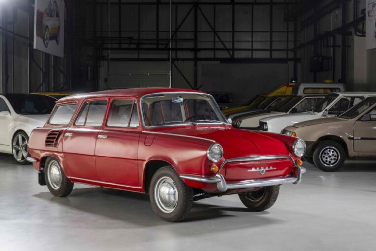 A red 1963 Škoda estate car