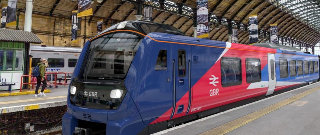 A mockup of a train at Hull station in Transpennine Express livery