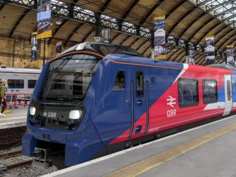 A mockup of a train at Hull station in Transpennine Express livery