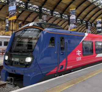 A mockup of a train at Hull station in Transpennine Express livery