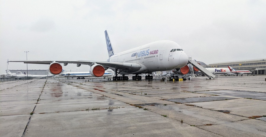 Huge Airbus A-380 on a rainy day