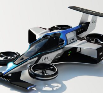 Rendering of an Airspeeder racing quad-copter. It looks a bit like a Formula 1 racing car, only the wheels are horizontal rotors