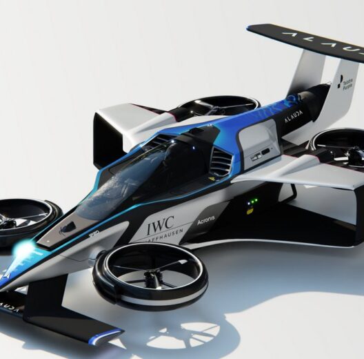 Rendering of an Airspeeder racing quad-copter. It looks a bit like a Formula 1 racing car, only the wheels are horizontal rotors