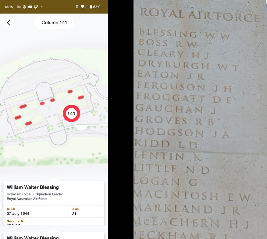 Composite image. On the left, a screenshot of the app. On the right the name inscribed on the pergola column