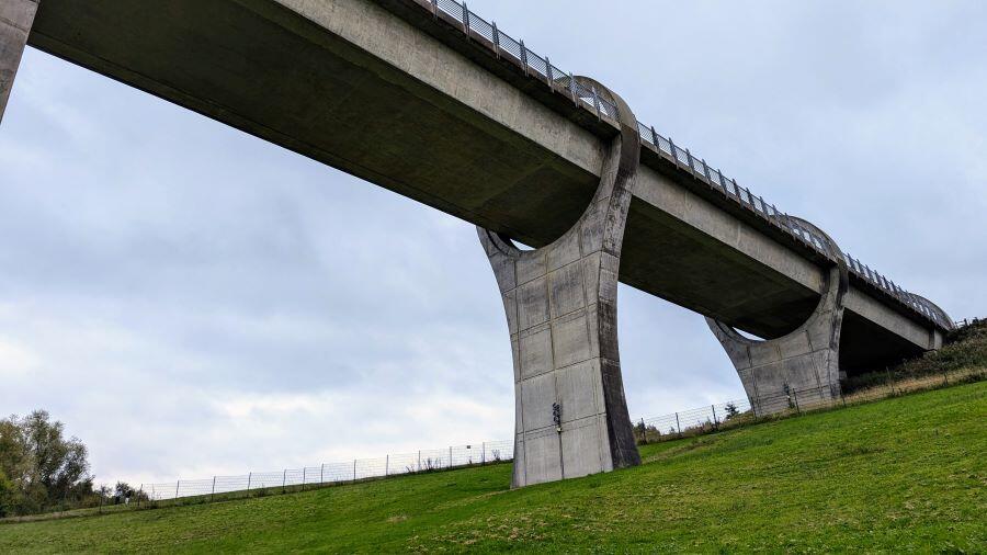 View of the Falkirk Wheel aqueduct supports from underneath