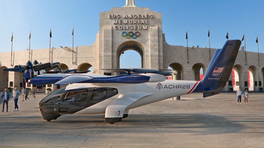 Archer Midnight eVTOL on the ground by the LA Coliseum