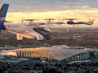 Render of the Archer Midnight flying over Los Angeles in the evening light