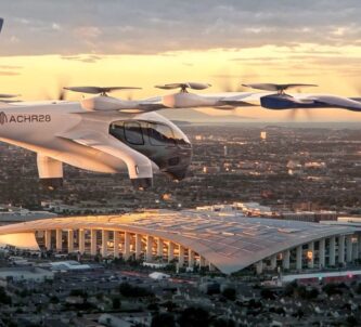 Render of the Archer Midnight flying over Los Angeles in the evening light