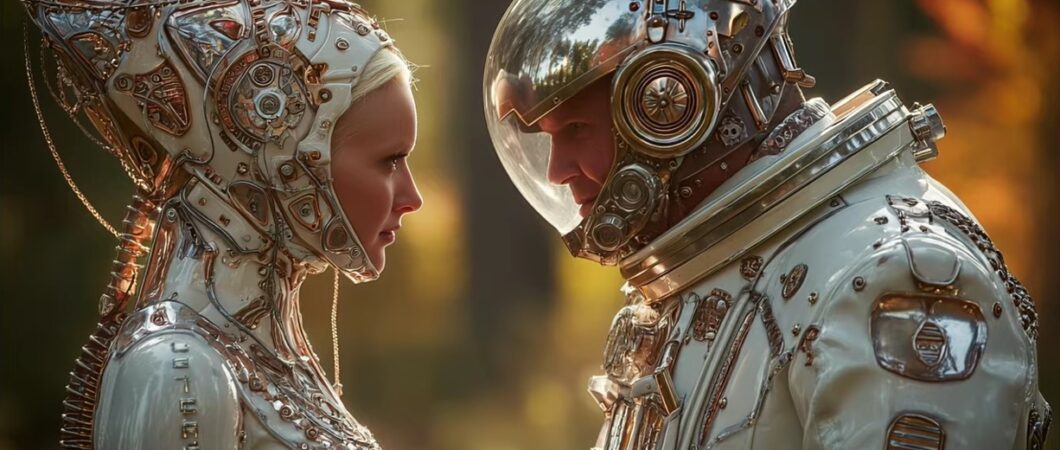 AI generated image of a space couple facing each other with gold encrusted white space suits and helmets