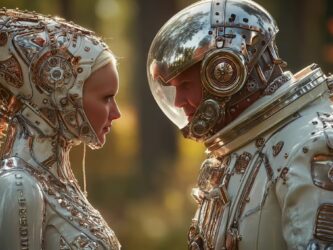 AI generated image of a space couple facing each other with gold encrusted white space suits and helmets
