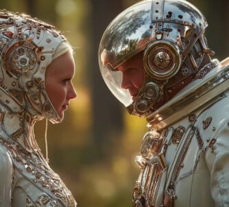 AI generated image of a space couple facing each other with gold encrusted white space suits and helmets