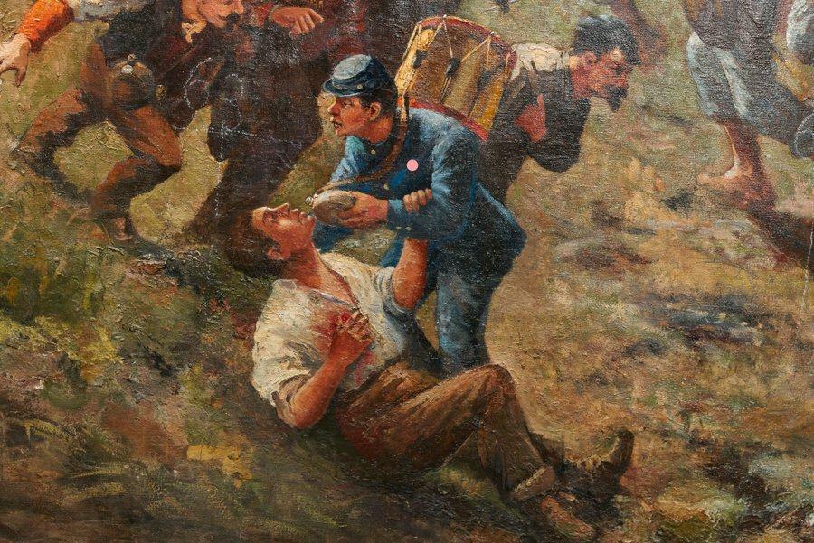 A soldier gives water to a comrade on the battlefield (painted characters)
