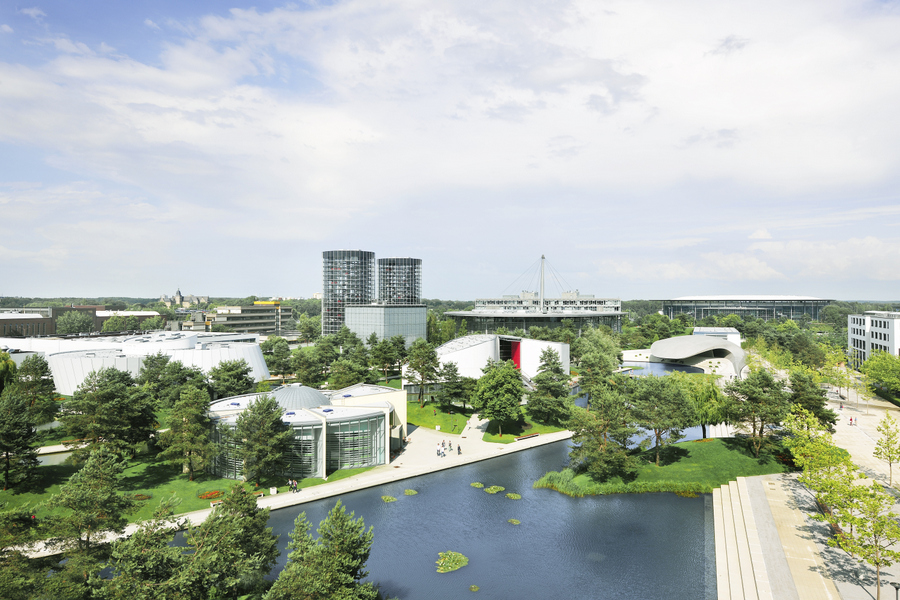 Aerial view of the water parks, gardens and buildings of Autostadt