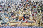 Artwork with Napoleonic French troops marching and falling