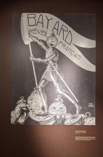 B&W poster of a knight in armour waving a flag that says "Bayard. Wake up Frenchmen!"