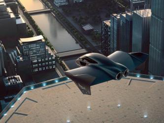 Concept drawing of a futuristic flying vehicle lifting off from the roof of a skyscraper