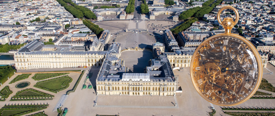 Aerial view of the palace of Versailles with Breguet's No. 160 watch inset over it