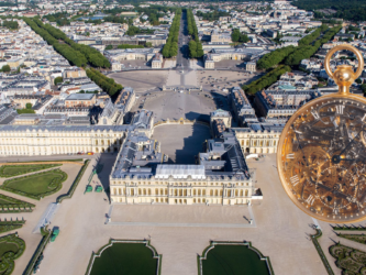 Aerial view of the palace of Versailles with Breguet's No. 160 watch inset over it