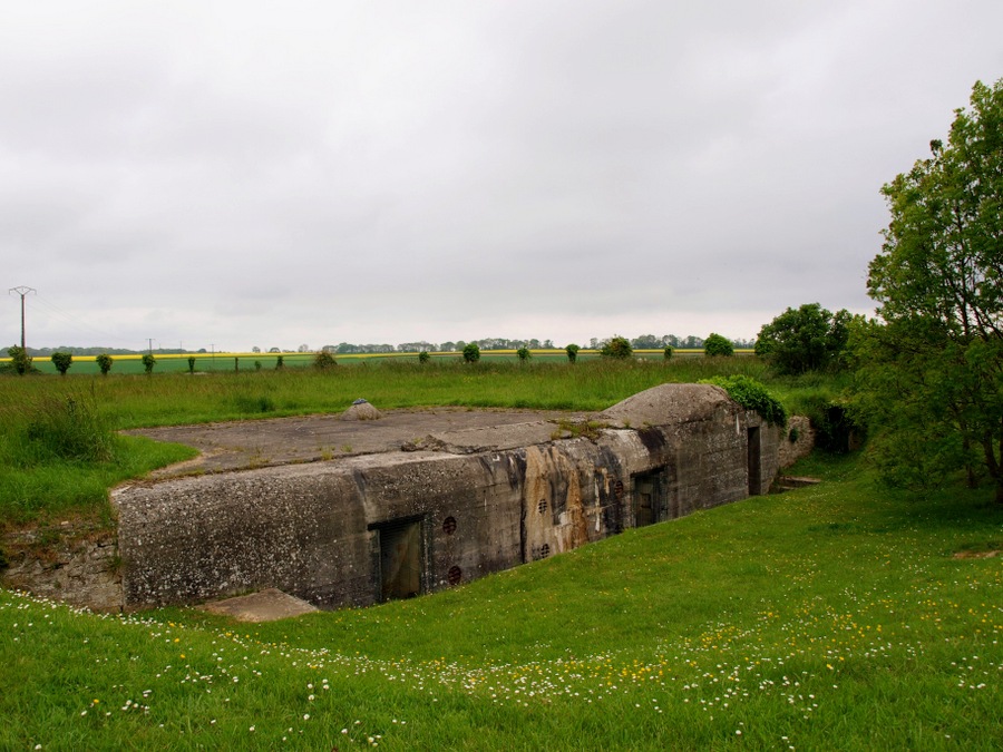 A concrete bunker sunk into a grassy field