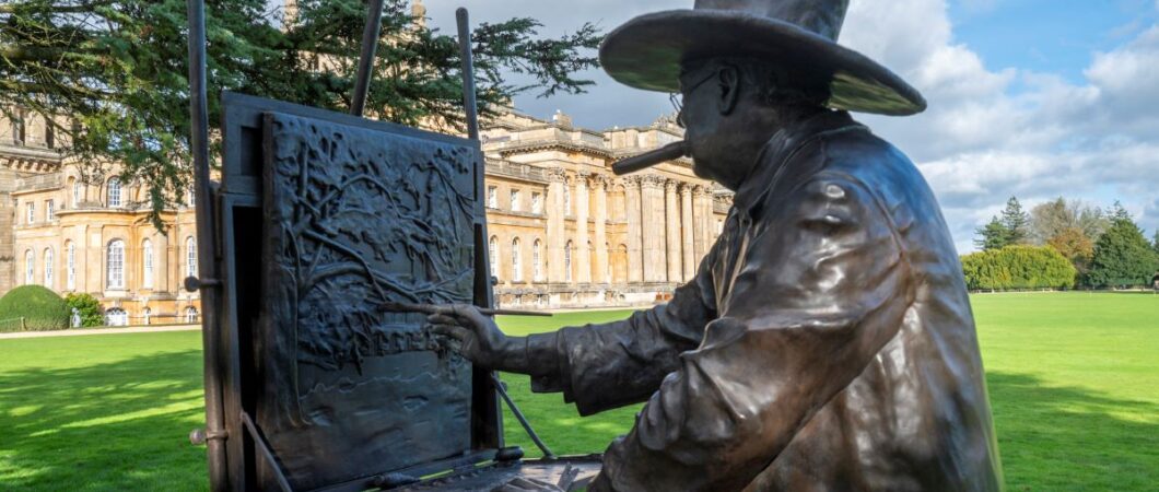 Close up of Winston Churchill painting statue