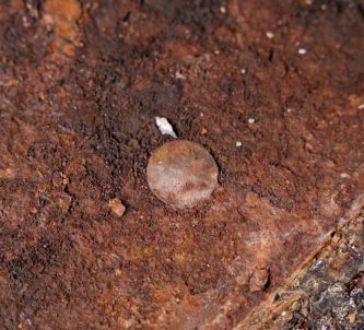 A small corroded brown coin on a rusty surface