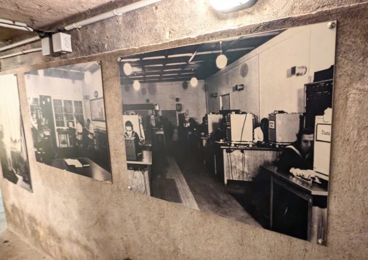 Large b/w photos on the bunker wall