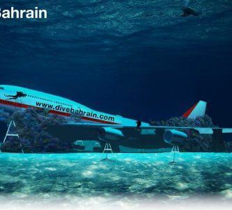 Design illustration of underwater Boeing 747 propped up on pylons in blue water