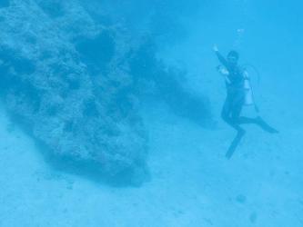 A dark coral shape in the blue underwater murk with a diver in the foreground