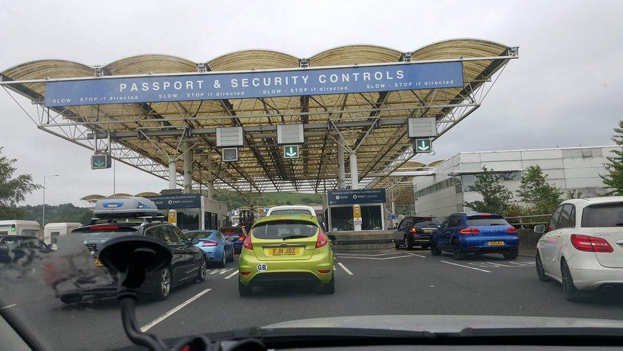 Cars queueing at Eurtunnel Folkestone for 