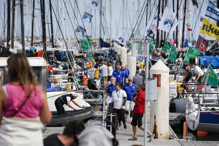 Pontoons at Cherbourg are busy with sailors preparing their boats for the Rolex Fastnet Race