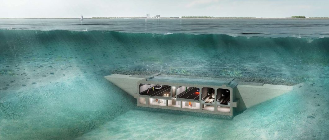 An artist's cutaway drawing of the tunnel in a trench, underwater