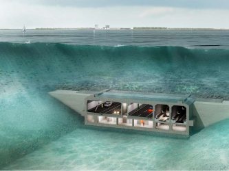 An artist's cutaway drawing of the tunnel in a trench, underwater