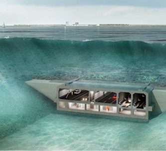 An artist's cutaway drawing of the tunnel in a trench, underwater
