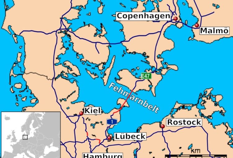 Map of Denmark, Germany and Sweden showing the location of the Fehmarnbelt tunnel
