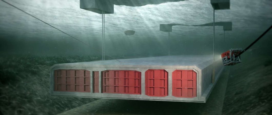 Rendering of a Fehmarnbelt tunnel section being lowered underwater into its trench on the seabed