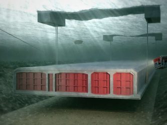 Rendering of a Fehmarnbelt tunnel section being lowered underwater into its trench on the seabed
