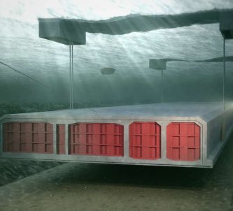 Rendering of a Fehmarnbelt tunnel section being lowered underwater into its trench on the seabed