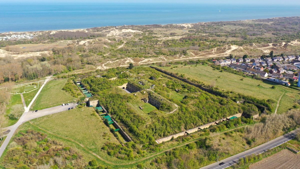 Aerial view of the fort with the sea in the background